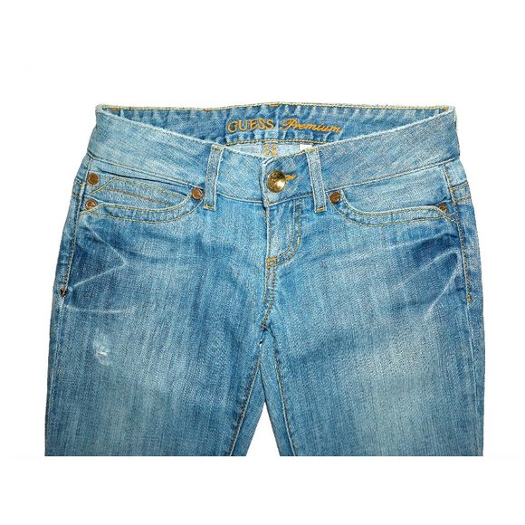 Guess Premium Light Wash Low-Rise Fringe Daredevil Boot Jeans Gold Buttons Sz 26 - Picture 4 of 13